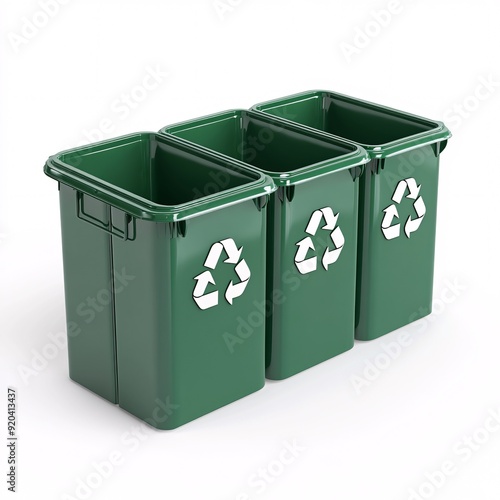 Eco-friendly recycling bins, three green containers with recycling symbols, promoting sustainability and proper waste management in urban environments.