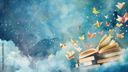 Education, Expanded Watercolor Book, Origami Stars, Dreamy Space Sky Background, Fantasy Illustration, Watercolor