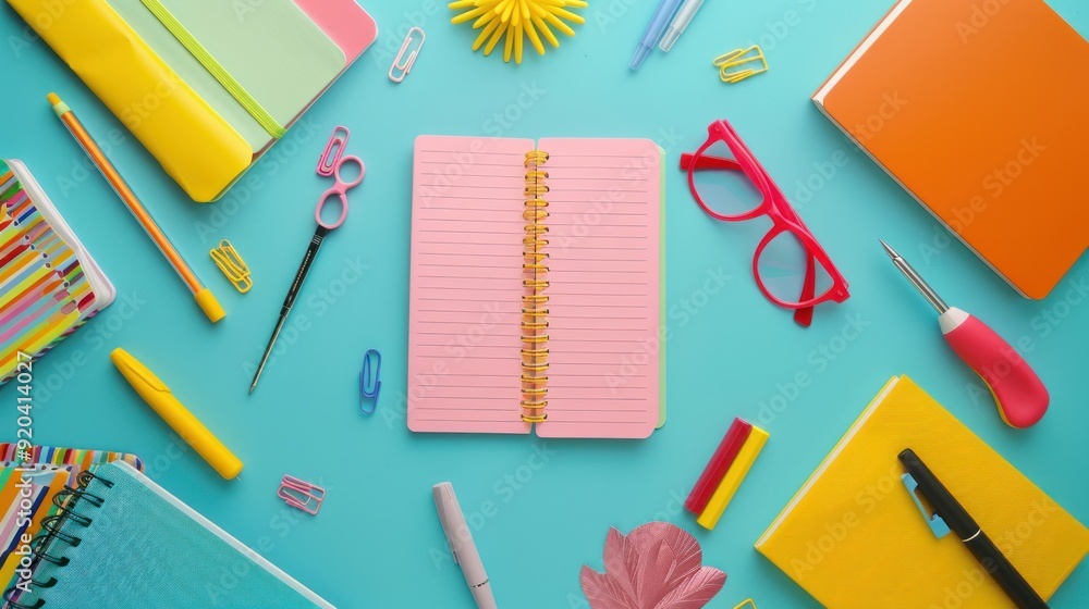 Colorful school supplies as a flat empty book frame with copy space, center point Colorful school supplies as a flat empty book frame with copy space, center point
