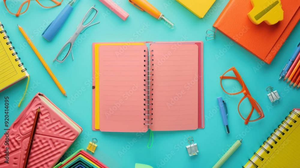 Colorful school supplies as a flat empty book frame with copy space, center point Colorful school supplies as a flat empty book frame with copy space, center point