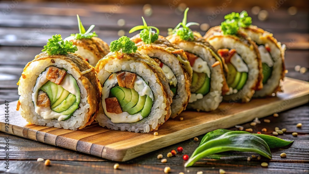Freshly prepared maki roll overflowing with crispy soft shell crab tempura, crunchy cucumber, and avocado, drizzled with savory wasabi sauce on a wooden background. Freshly prepared maki roll overflowing with crispy soft shell crab tempura, crunchy cucumber, and avocado, drizzled with savory wasabi sauce on a wooden background.