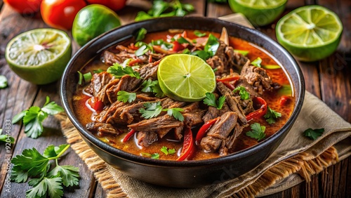Vibrant colors and savory aromas fill the scene as tender beef barbacoa simmers in a rich, spicy broth, surrounded by fresh cilantro and lime wedges.