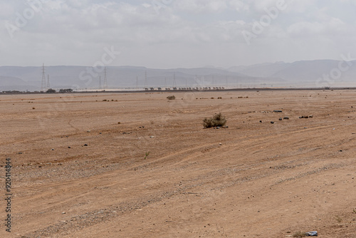 Djibouti military truck convoy driving on a desert road in Djibouti, Africa