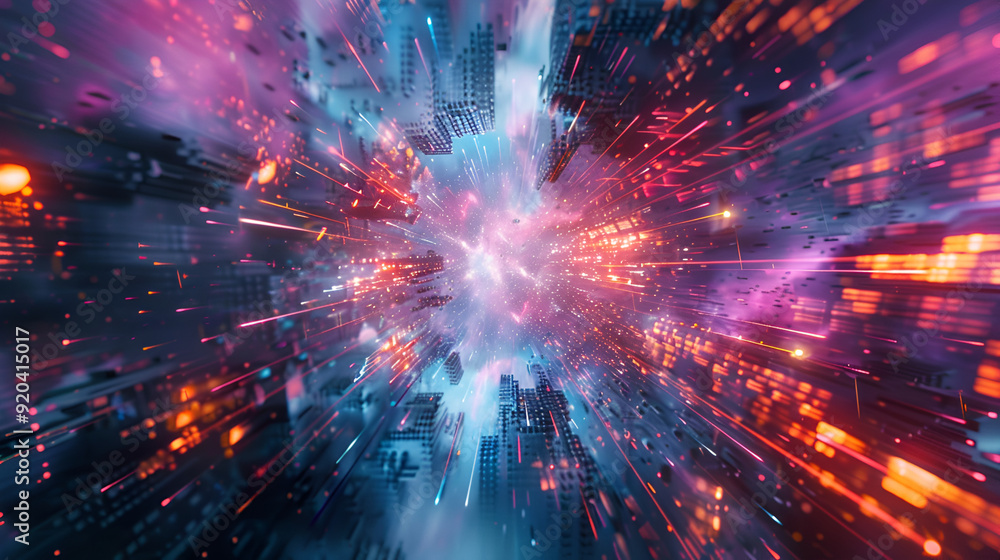 Fototapeta premium a vibrant, abstract scene with vivid, electric-like orange lines and dots spreading across a dark blue and cloudy background The bright lines appear almost like rivers of molten lava