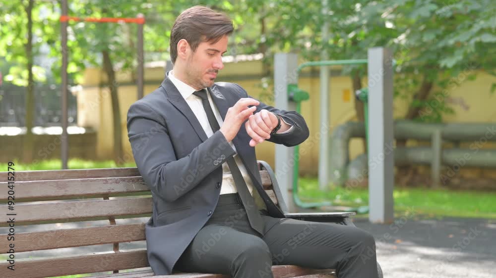 Young Businessman Sitting Outdoor and Using Smartwatch Young Businessman Sitting Outdoor and Using Smartwatch