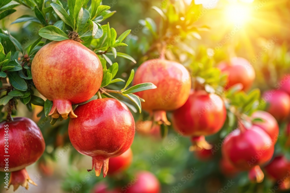 Ripe Pomegranates on a Branch in the Sunlight. Ripe Pomegranates on a Branch in the Sunlight.