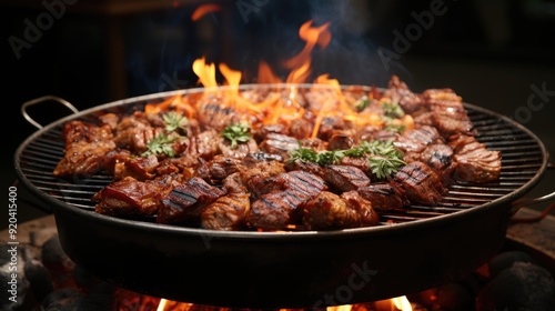 BBQ Barbecue grilled meat stick on fire flame with hot charcoal cooking outside. 