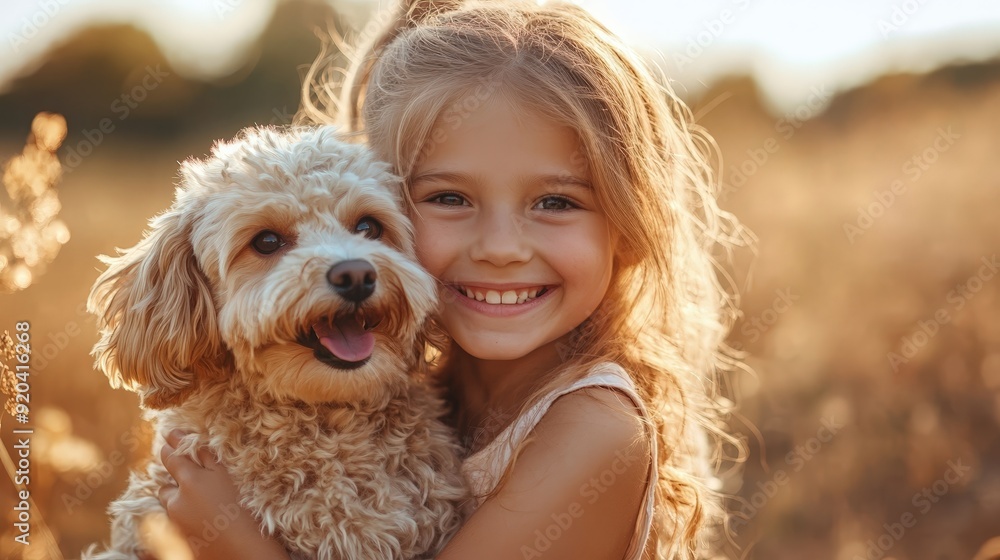 Joyful Girl Embracing Fluffy Dog in Sunny Outdoor Scene Joyful Girl Embracing Fluffy Dog in Sunny Outdoor Scene