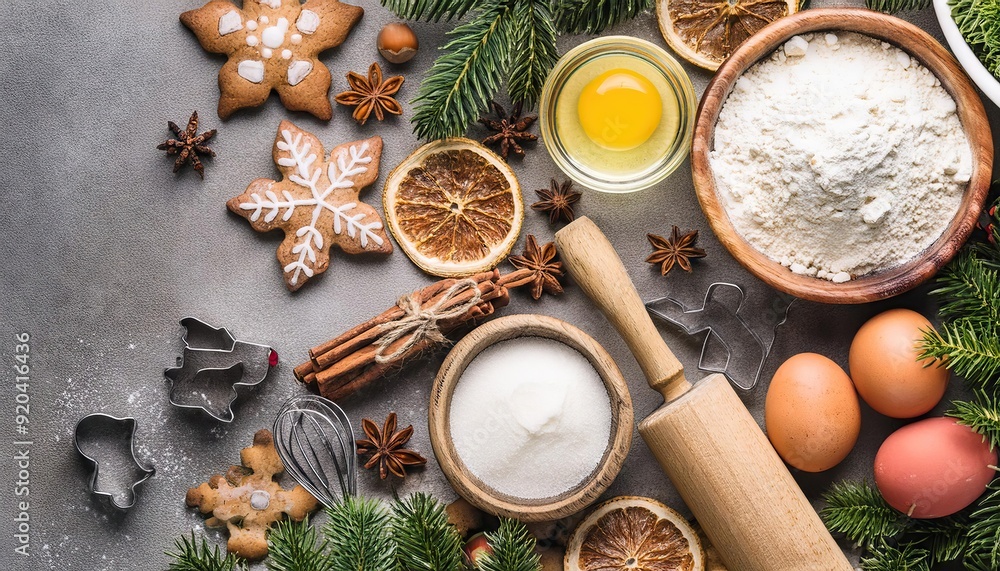 Ingredients for cooking Christmas baking and gingerbread cookies, top view Ingredients for cooking Christmas baking and gingerbread cookies, top view