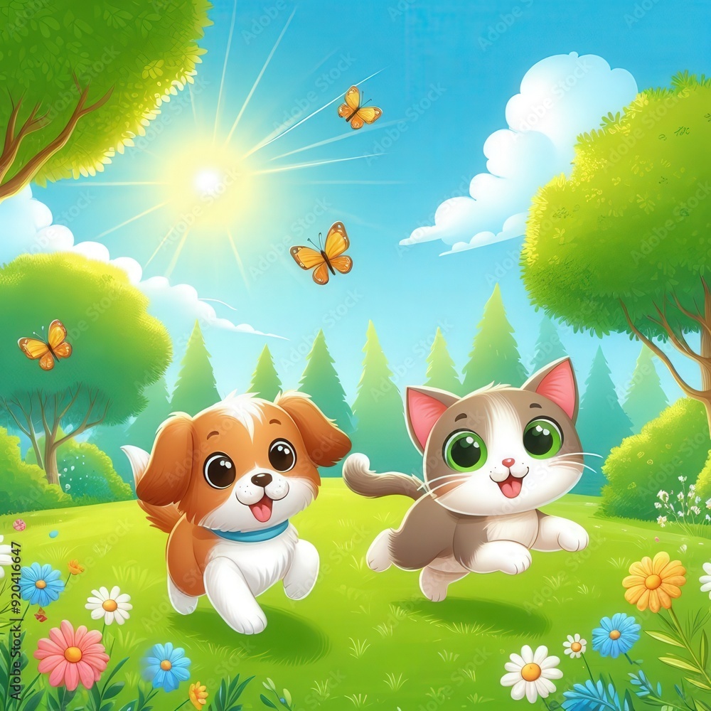 Obraz premium 犬と猫が仲良く遊んでいるイラスト