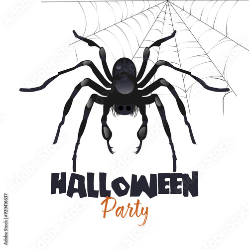 Black scary spider on the web. Isolated design on white background. Below is the inscription Halloween party. Like banner, poster design
