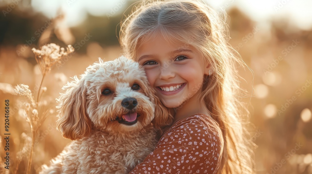 Joyful Girl Embracing Fluffy Dog in Sunny Outdoor Scene Joyful Girl Embracing Fluffy Dog in Sunny Outdoor Scene