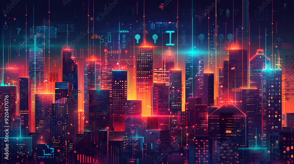 Fototapeta premium Abstract tech city with blue and red neon glow on black background Realistic illustration of future technology town urban landscape with skyscraper constructions and innovation network 