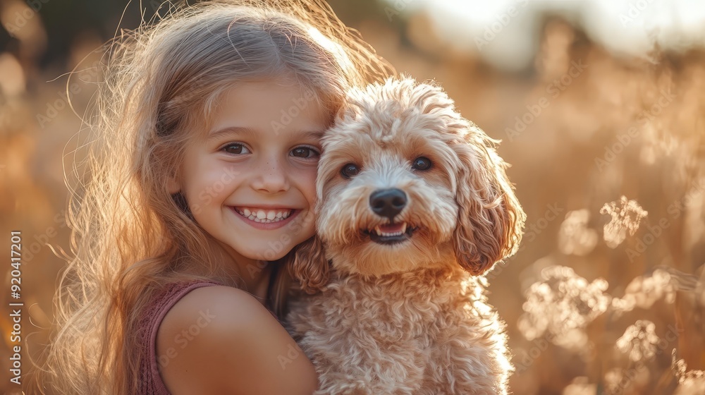 Joyful Girl Embracing Fluffy Dog in Sunny Outdoor Scene Joyful Girl Embracing Fluffy Dog in Sunny Outdoor Scene