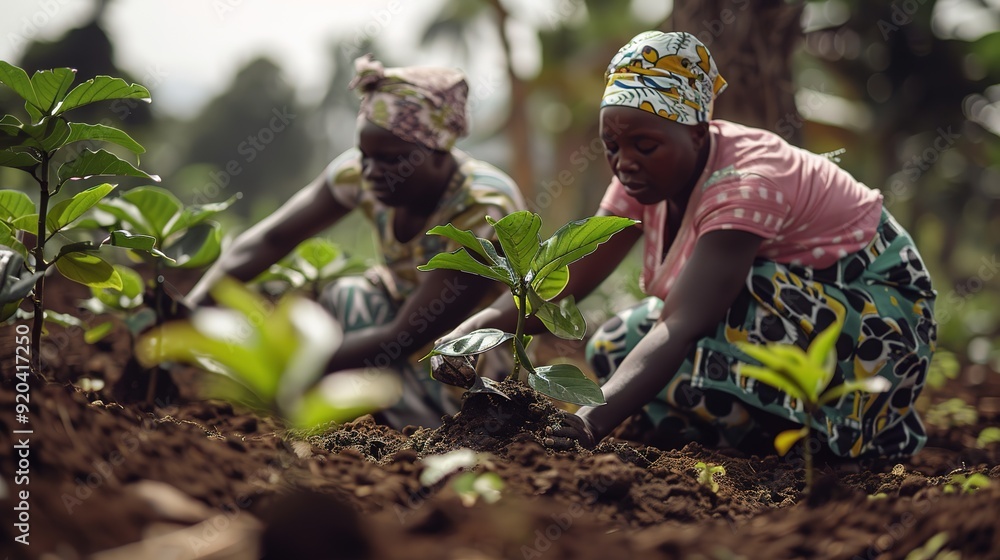 Two Black African woman farmers planting trees to combat climate change ...