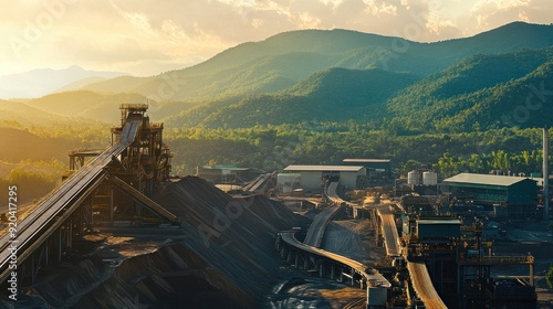 Industrial Conveyor System in a Mining Operation with Mountainous Background