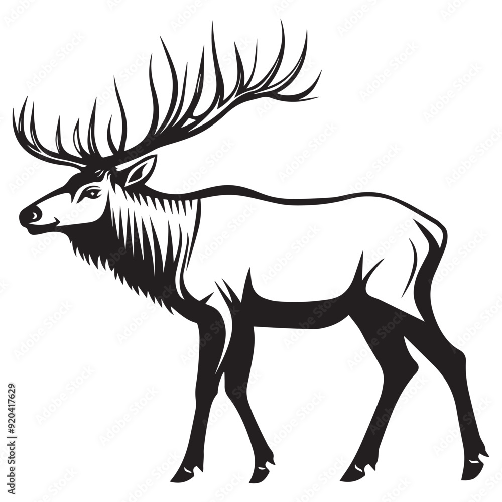 Elk silhouette, Wapiti Clipart, An Elk Lone Grazer Vector Illustration in black and white Elk silhouette, Wapiti Clipart, An Elk Lone Grazer Vector Illustration in black and white
