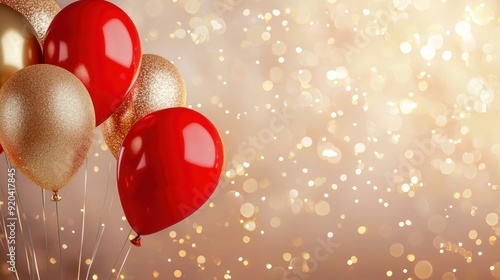 Festival celebration with red and gold balloons, sparkling background, vibrant carnival theme