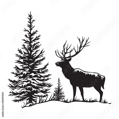 Elk silhouette,  Wapiti Clipart,  An Elk Misty Morning Stand Vector Illustration in black and white
