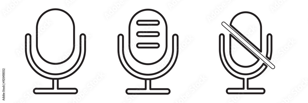 Audio microphone on and mute icon set. Microphone symbol for your web site design, logo, app, UI. Vector line icon for Business and Advertising Audio microphone on and mute icon set. Microphone symbol for your web site design, logo, app, UI. Vector line icon for Business and Advertising