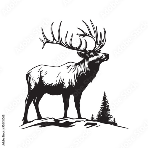 Elk silhouette,  Wapiti Clipart,  An Elk standing on top the mountains Vector Illustration in black and white