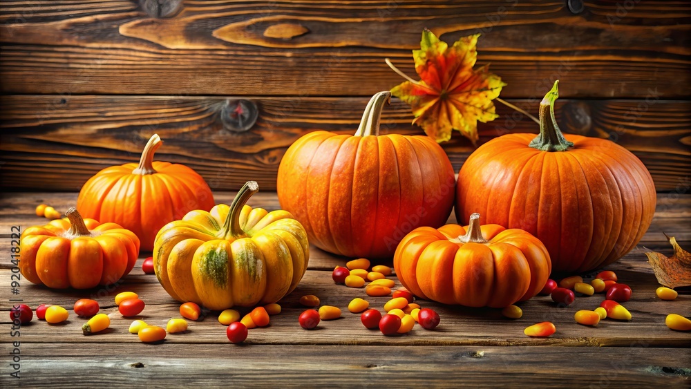 Vibrant orange pumpkins and yellow candy corn are artfully arranged on a rustic wooden table, evoking a warm and inviting autumn holiday atmosphere. Vibrant orange pumpkins and yellow candy corn are artfully arranged on a rustic wooden table, evoking a warm and inviting autumn holiday atmosphere.