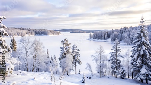 Snowy Winter Landscape with Frozen Lake.