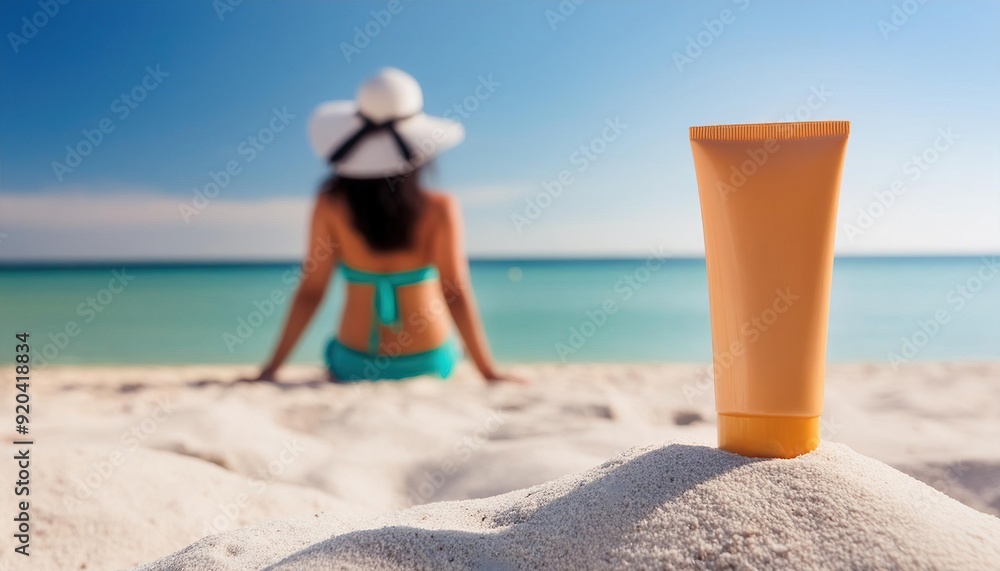 Naklejka premium Tube of sunscreen on the summer beach and woman sunbathing