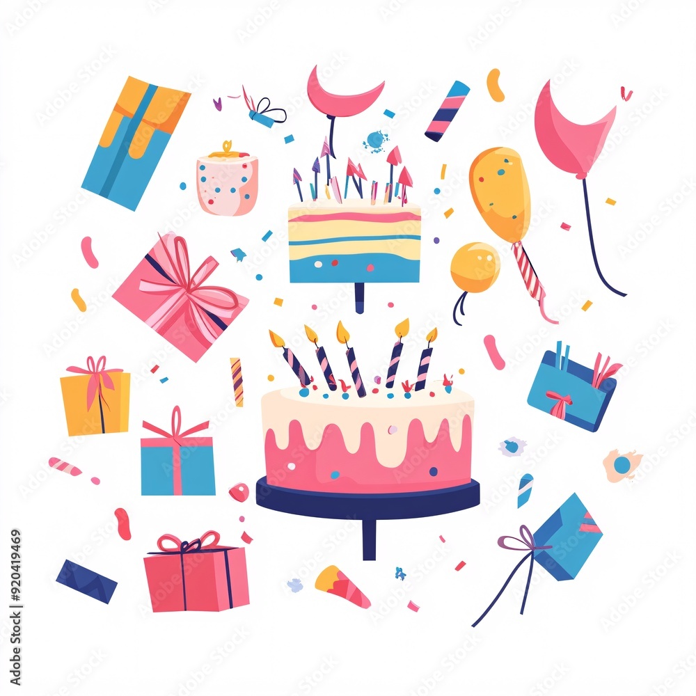 240805 33. A simple vector icon illustration depicting the group of party supply and celebration items at center for a website isolated white background including cake, gift boxes, and streamers 240805 33. A simple vector icon illustration depicting the group of party supply and celebration items at center for a website isolated white background including cake, gift boxes, and streamers