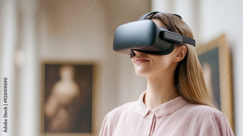 Person exploring an art museum with a VR headset, representing the blend of virtual reality and cultural experiences Person exploring an art museum with a VR headset, representing the blend of virtual reality and cultural experiences