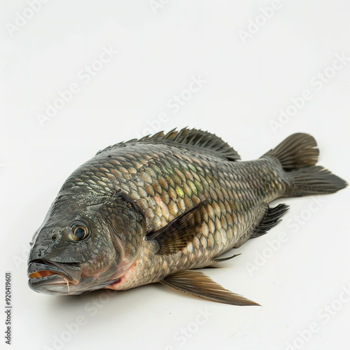 Tilapia fish lying on the surface, isolated on white background, showcasing its smooth skin and natural colors for culinary and food photography uses.

 photo