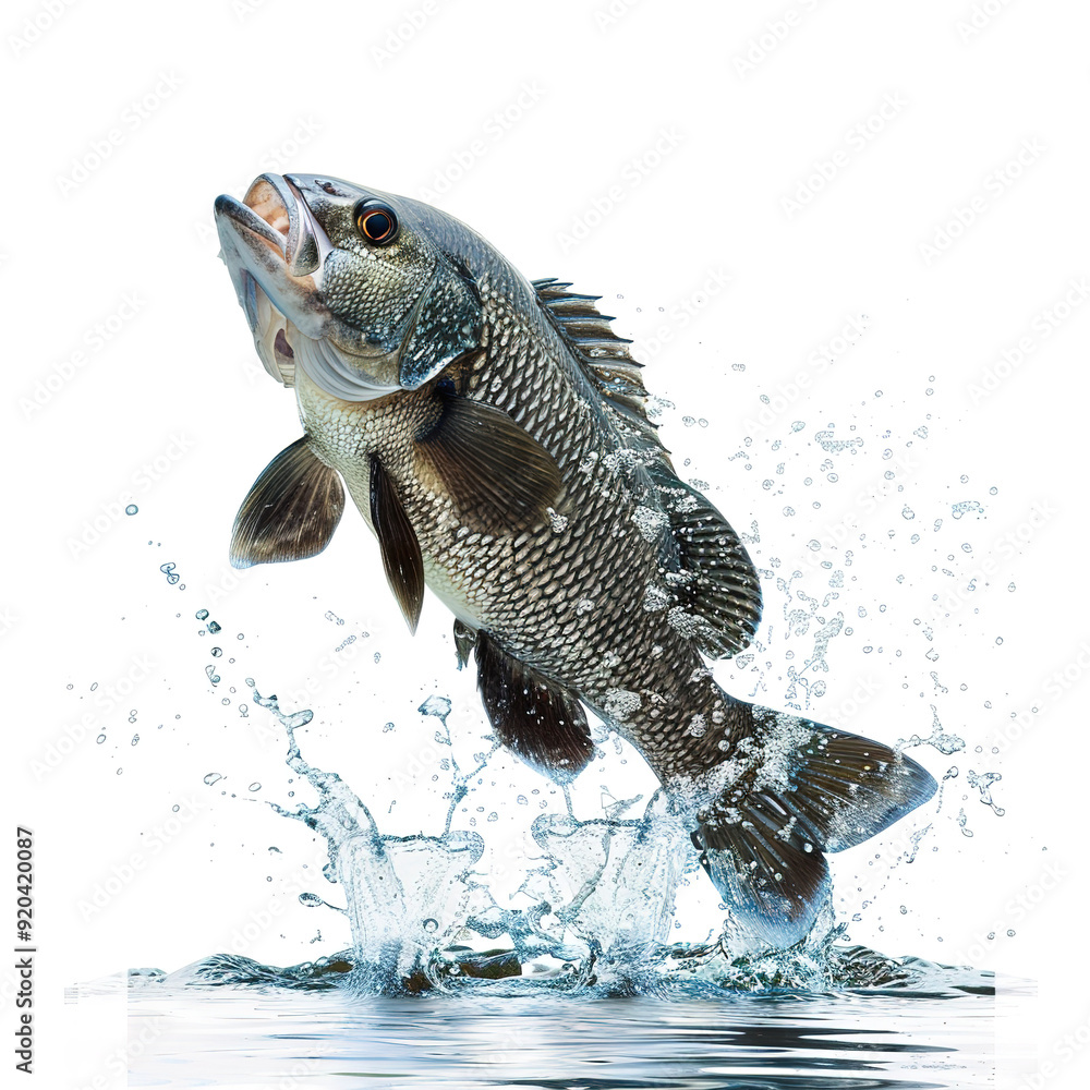 Tilapia jumping out of the water, showcasing dynamic movement and splash, isolated on white background for clear visibility of the fish.
Tilapia jumping out of the water, showcasing dynamic movement and splash, isolated on white background for clear visibility of the fish.