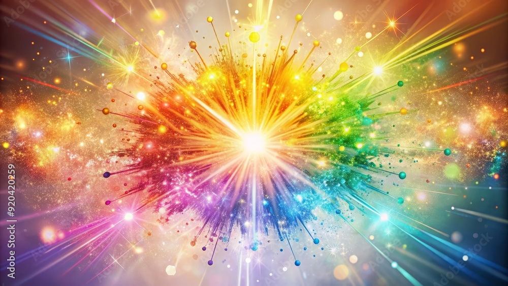 Vibrant rainbow-colored sparks explode in a whimsical burst of color and light, surrounded by delicate, shimmering glitter particles against a soft, creamy white background. Vibrant rainbow-colored sparks explode in a whimsical burst of color and light, surrounded by delicate, shimmering glitter particles against a soft, creamy white background.