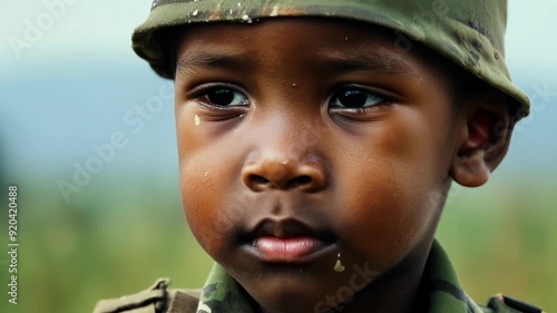 The determined eyes of a child soldier his face smudged with dirt and sweat as he looks out fearlessly at the chaos of war and lifts his weapon to defend his peoples freedom. photo