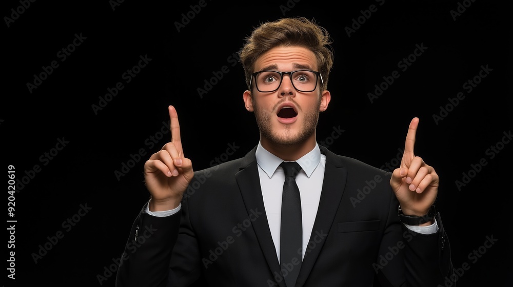 A man in a suit and tie is pointing at something with his finger. He is wearing glasses and a tie A man in a suit and tie is pointing at something with his finger. He is wearing glasses and a tie