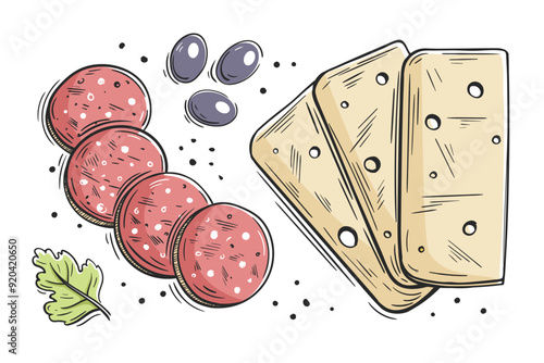 Cheese slices, olives and sausage isolated on a white background. Cheese composition for cartoon design. Vector lustration