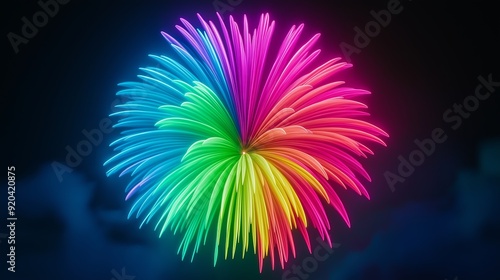 A colorful firework with a rainbow of colors. The firework is lit up and is in the air photo