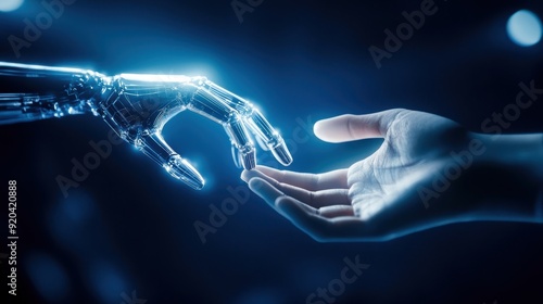 Future of AI and human interaction, close-up of human and robot hands meeting, blue light, dark atmosphere