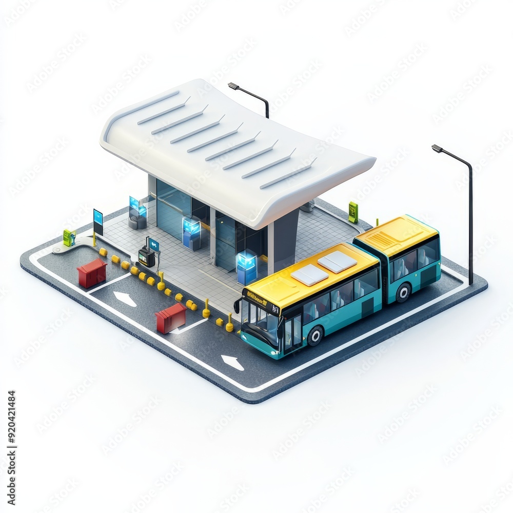 3D Render of a compact bus terminal with minimalistic design and efficient bus service 3D Render of a compact bus terminal with minimalistic design and efficient bus service