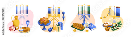 Hanukkah set. Menorah with candles, traditional Jewish decoration for Hanukka holiday celebration. Festive candelabra for religious Hebrew event. Flat vector illustration isolated on white background