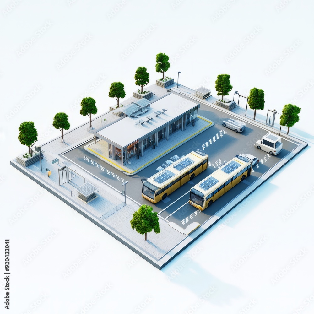 3D Render of a spacious bus terminal with dedicated lanes for different bus routes and extensive amenities 3D Render of a spacious bus terminal with dedicated lanes for different bus routes and extensive amenities