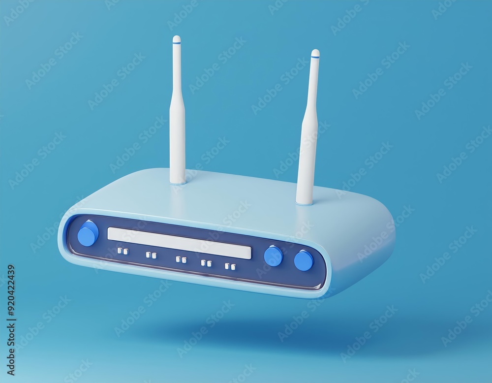 3D blue router with white antennas against a blue background, 3D render 3D blue router with white antennas against a blue background, 3D render