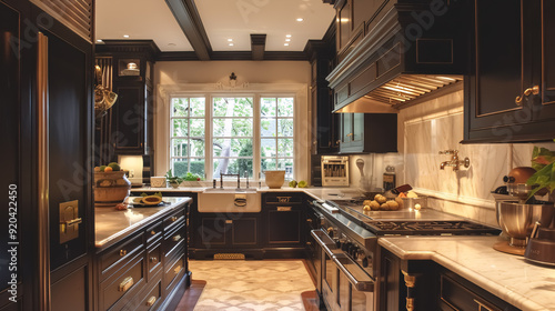 Wallpaper Mural A transitional kitchen blending classic elegance with contemporary flair, showcasing antique brass fixtures and sleek black cabinetry, illuminated by recessed lighting. Torontodigital.ca