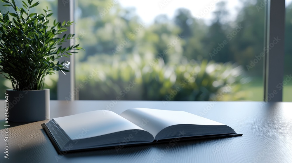 Open book on a wooden table with a potted plant and a window view of nature in the background. Open book on a wooden table with a potted plant and a window view of nature in the background.