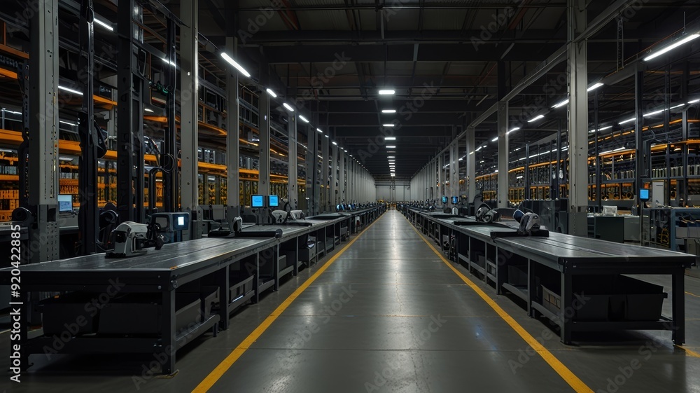 Naklejka premium A panoramic view of a state-of-the-art robotic dark store warehouse, where robots are sorting and distributing orders