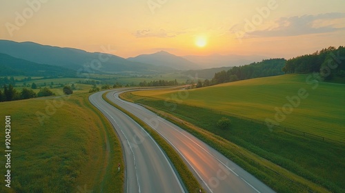 A winding road through lush green fields and rolling hills, bathed in the golden glow of the setting sun.