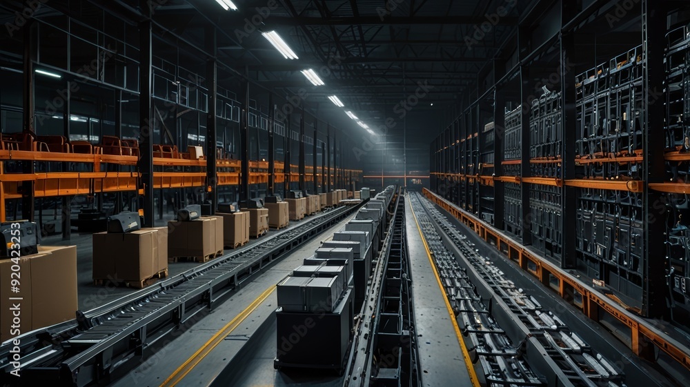Fototapeta premium A panoramic view of a state-of-the-art robotic dark store warehouse, where robots are sorting and distributing orders