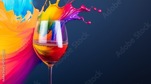 A colorful splash of paint is splashed on a blue background. A wine glass is in the middle of the splash, with a splash of wine in it photo