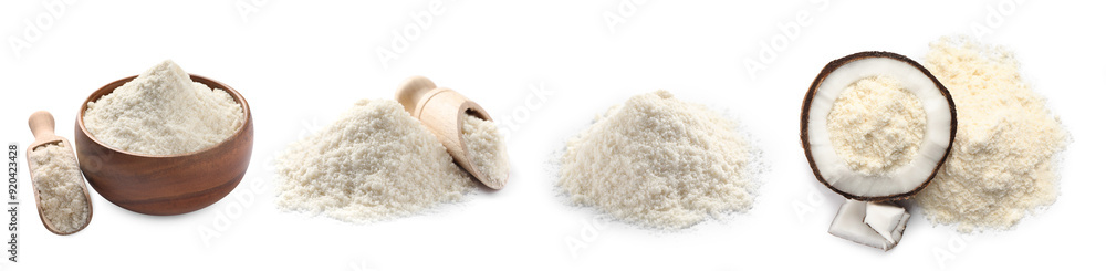 Collage with coconut flour isolated on white Collage with coconut flour isolated on white