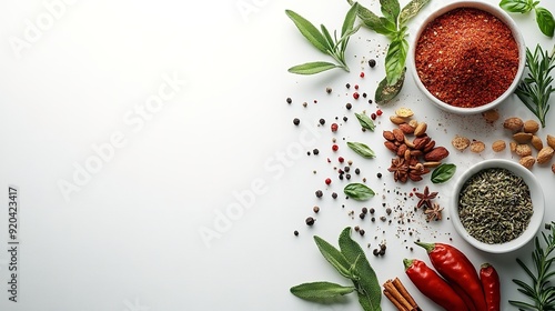 Spices and herbs on white background, cooking ingredients top view